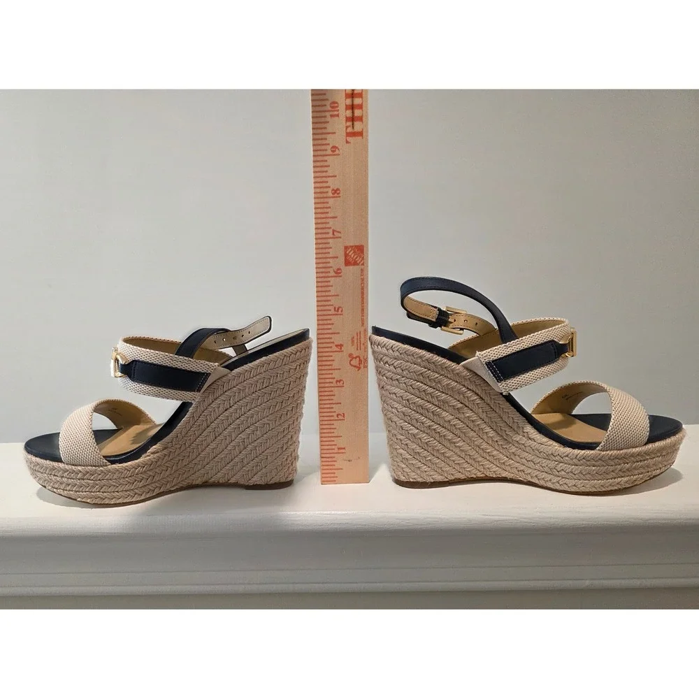 Women 6 M Michael‎ Kors Reed Wedge Sandals Navy Natural Espadrille Platform Logo